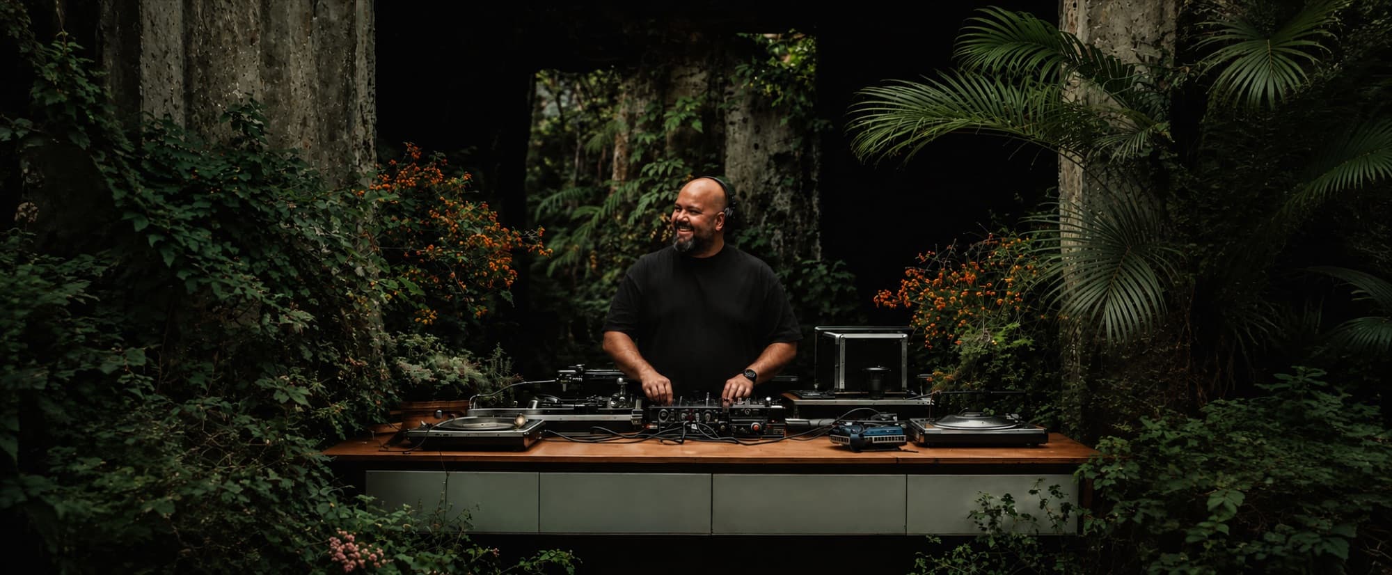 MGZ playing records at a DJ booth surrounded by plants